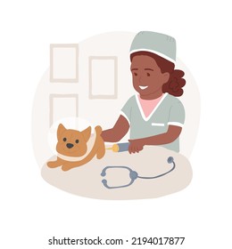 Veterinarian game isolated cartoon vector illustration. Kids role game, girl makes injection to plush dog, pet doctor pretend play, using animal care toy set, future profession vector cartoon.