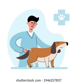 Veterinarian geting vaccinated to dog isolated on vet hospital interior in flat style. Vector illustration of man vet holds dog on table