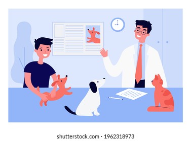 Veterinarian giving boy information about pets. Male doctor, child holding dog, animals on table flat vector illustration. Vet clinic, pets concept for banner, website design or landing web page