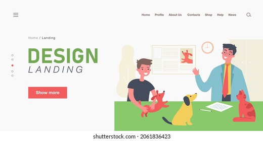 Veterinarian giving boy information about pets. Male doctor, child holding dog, animals on table flat vector illustration. Vet clinic, pets concept for banner, website design or landing web page