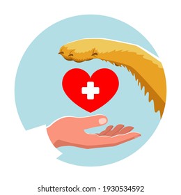 Veterinarian hand dog paw and heart in a circle. The concept of veterinary medicine, love and care for animals. Vector stock illustration. 