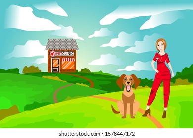 Veterinarian with a happy dog in a green clearing. Veterinary clinic in the background.