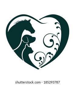 Veterinarian Heart animal love. Horse,dog and cat together. Abstraction of animal care This icon serves as idea of friendly pets, veterinarian business, animal welfare,animal rescue,animal breeder 