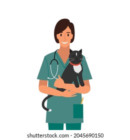 Veterinario sosteniendo un gato en su brazo, ilustración conceptual en estilo plano. Vector.