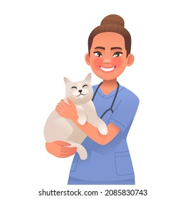 Veterinarian is holding the cat. Specialist, vet clinic doctor with a pet. Medical assistance to pets. Vector illustration in cartoon style