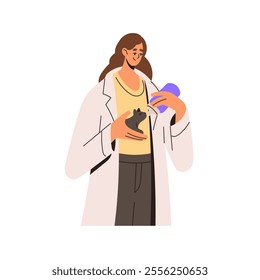 Veterinarian holds kitten in hands and feeds by bottle. Volunteer rescues little pet in vet clinic. Doctor cares about cat in veterinary center. Flat isolated vector illustration on white background