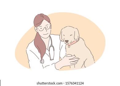 Veterinarian hospital, vet clinic, pets healthcare concept. Professional canine doctor with adorable little puppy, dogs medical treatment, domestic animals care. Simple flat vector