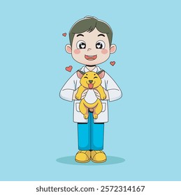 veterinarian hugging dog sign affection. vector illustration health people character	