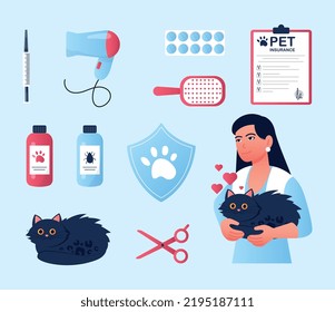 Veterinarian icons set. Collection of stickers for social networks. Woman with cat in hands, tools for caring for pets. Comb and scissors. Cartoon flat vector illustrations isolated on blue
