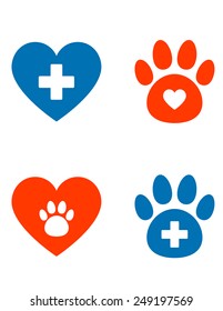 veterinarian icons set with paw, heart and cross