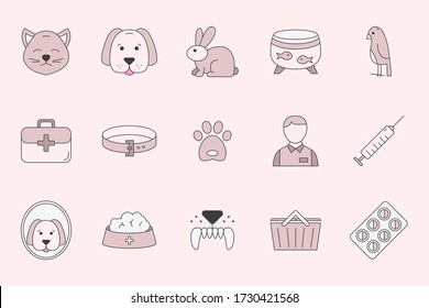 Veterinarian Icons set - Vector color symbols of veterinary clinic, animals and pets  for the site or interface