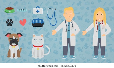 Veterinarian Illustration Set - Human Characters of White Man and Woman Veterinary Doctors, Pet Bulldog Dog and White Cat, Veterinary Items and Background.