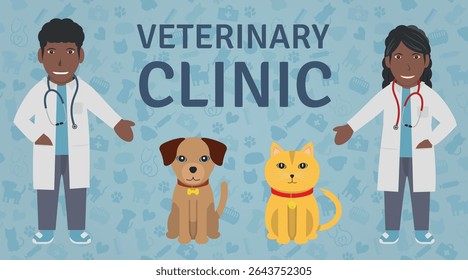 Veterinarian Illustration Set - Human Characters of Black Man and Woman Veterinary Doctors, Pet Brown Dog and Orange Cat, Veterinary Items and Background.