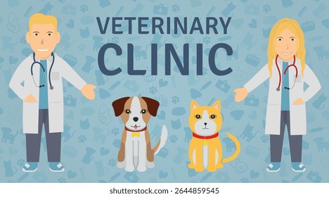 Veterinarian Illustration Set - Human Characters of White Man and Woman Veterinary Doctors, Pet Dog and Orange Cat, Logotype and Veterinary Background.