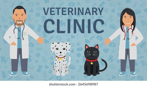 Conjunto de Ilustração Veterinária - Personagens Humanos do Homem Marrom e Mulher Médicos Veterinários, Cão Dálmata Animal de Estimação e Gato Negro, Logotipo e Fundo Veterinário.