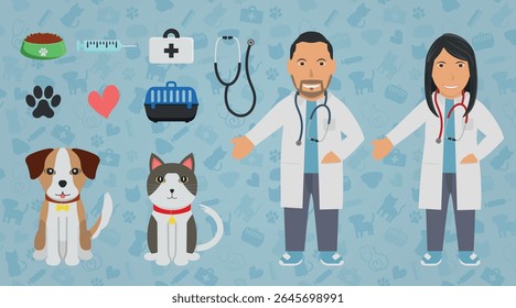 Conjunto de Ilustração Veterinária - Personagens Humanos do Homem Marrom e Mulher Médicos Veterinários, Cão e Gato de Animal de Estimação, Itens Veterinários e Fundo.