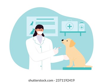 Veterinarian injects antiviral into dog's body for immunity and disease prevention, medicine vector illustration.