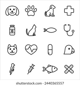 Conjunto de iconos de línea veterinaria. Trazo editable. Conjunto veterinario de iconos de contorno. Iconos de clínica veterinaria para diseño web aislados sobre un fondo blanco.