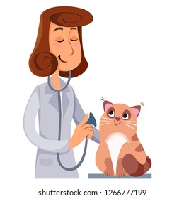 A veterinarian listens to a cat stethoscope. Vector illustration in cartoon style.