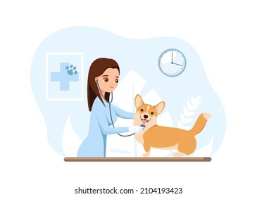 A veterinarian listens to a dog with a stethoscope. Flat design.