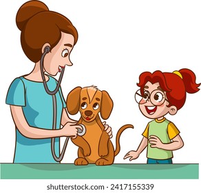 Diseño gráfico de ilustraciones vectoriales de animales veterinarios y niñas pequeñas con perros