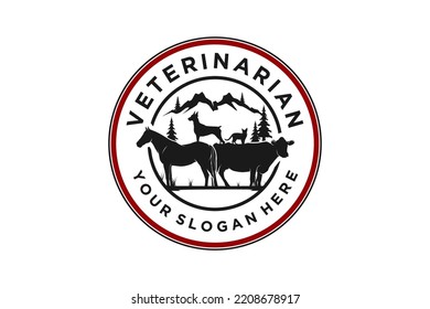 Veterinarian logo design with silhouette animal horse cow dog cat mountain icon symbol rounded shape emblem badge