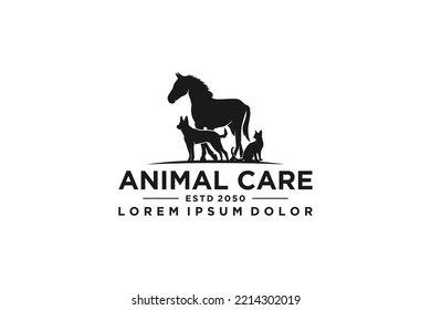 Diseño de logotipo veterinario con silueta animal perro de caballo símbolo silueta símbolo de gato animal cuidado animal