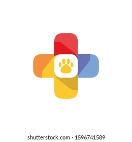 veterinarian logo design template with colorful red cross and a paw -  animal care