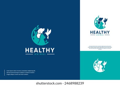 logo veterinario, con concepto animal de gato y conejo perro, estilo circular, Plantilla de diseño de logotipo.