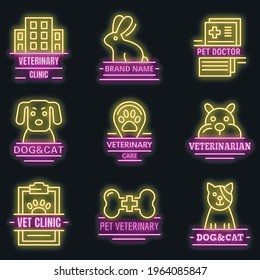 Veterinarian logo set. Outline set of veterinarian vector logo neon color on black