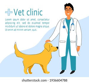 Veterinarian Male Doctor With Dog Golden Retriver. Pet Care Service. Design For Banner, Flyer, Landing Page, Blog Post, Vet Clinic, Veterinary Office Or Hospital. Flat Cartoon Vector Illustration.