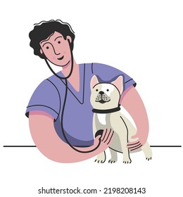 Veterinarian male doctor examining dog with stethoscope. Pet health care service. Vector illustration