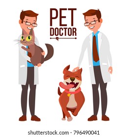 Veterinarian Male Vector. Dog And Cat. Medicine Hospital. Pet Doctor. Health Care Clinic Concept. Isolated Flat Cartoon Illustration