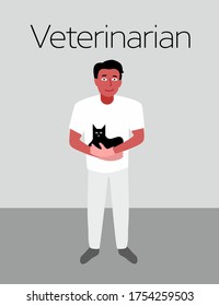 Veterinarian man holding black cat vector illustration. Pets health care concept. Protection of animal. Professional medical treatment for kitten. Vet clinic specialist.   