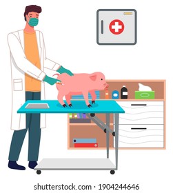 Veterinarian man with little piggy in the medical office. Doctor gives an injection to a sick pig, routine vaccination of farm animals. Visit to the vet clinic to check the health of the animal