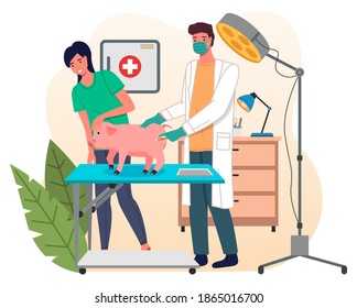 Veterinarian man meet woman with pig in the medical office. Doctor gives an injection to a sick pig, routine vaccination of farm animals. Visit to the vet clinic to check the health of the animal