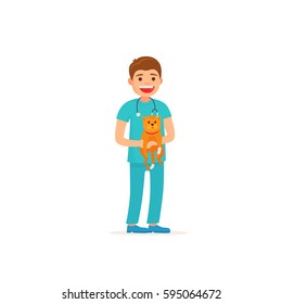 Veterinarian. Man vet holds a cat. Vector illustration in cartoon style.