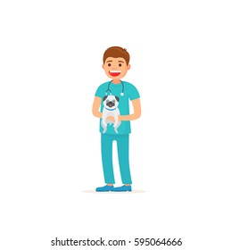 Veterinarian. Man vet holds a dog. Vector illustration in cartoon style.