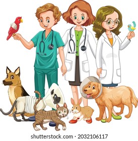 Veterinarian with many kind of animals illustration