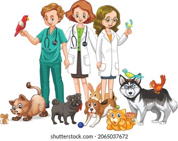 Veterinarian with many kind of animals illustration