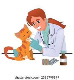 veterinarian medicating and examining a cat, vector illustration.