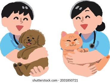 Veterinarian men and women hugging dogs and cats