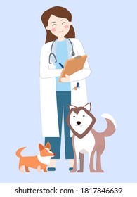 Veterinarian and next to stand animals, a vector chart