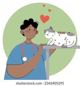 Veterinarian in the office with a cat.The profession is a veterinarian.Vet clinic.Man heals animals.Vector illustration