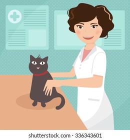 Veterinarian in the office with a cat. Vector isolated illustration. Cartoon character