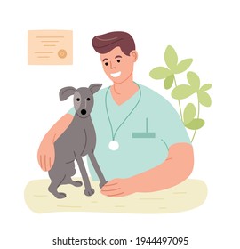 Veterinarian In The Office With A Dog. The Profession Is A Veterinarian. Vet Clinic. Man Heals Animals. Vector Flat Illustration