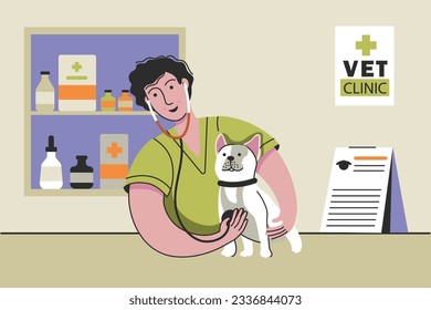 Veterinarian in the office with a dog. Vet clinic. Man heals animals