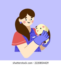 Veterinarian in the office with a a guinea pig.. The profession is a veterinarian. Vet clinic. Woman heals animals. Vector flat illustration