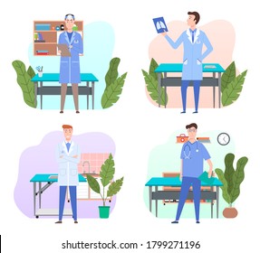 Veterinarian in office in vet clinic, man medical staff wearing suit standing near table for animal, holding x-ray image of lungs, interior of vet office in veterinary clinic or hospital, collection