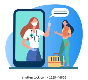 Veterinarian on smartphone screen consulting woman with cat. Online vet consultation flat vector illustration. Domestic animals and veterinary concept for banner, website design or landing web page